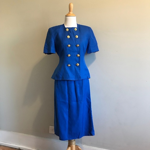 Vintage 80s Adele Simpson Bright Blue 2 piece Suit - Picture 2 of 8